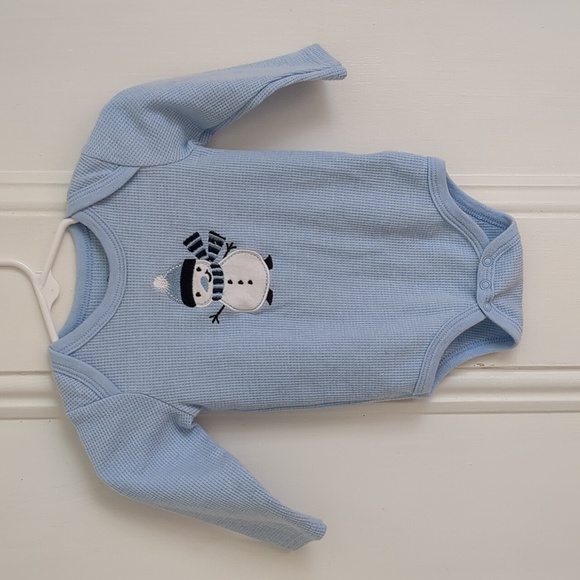 6-9M Duck Duck Goose Snowman Long Sleeve One Piece Snap Bottom Blue - Picture 1 of 10